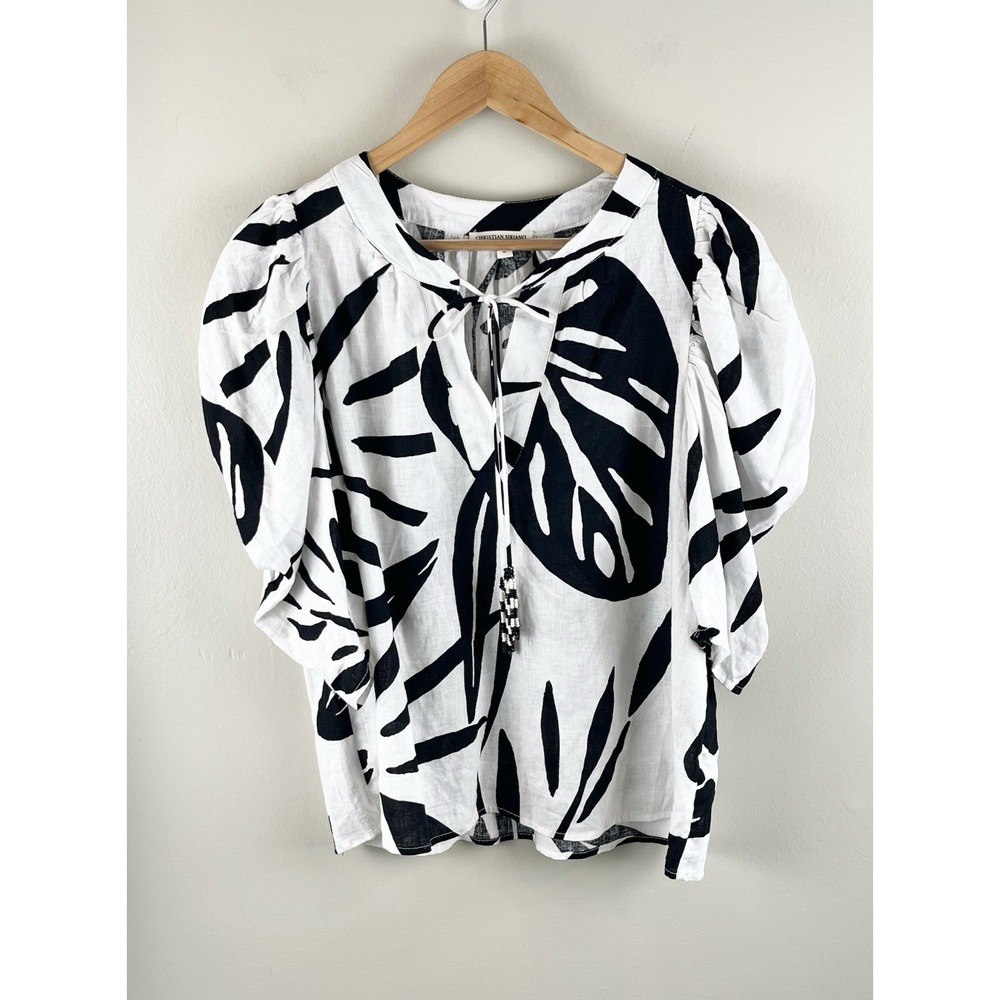 Christian Siriano New York Tropical Linen Blend Puff Sleeve Blouse Size M Tassel